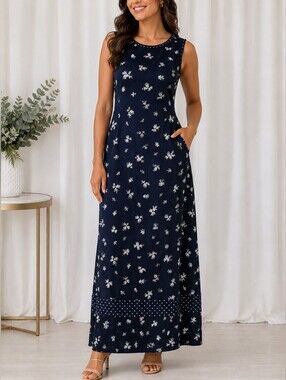 👚 Carole Little Vintage Navy Floral Maxi Size 6 Sleeveless Sheer Overlay Size 8